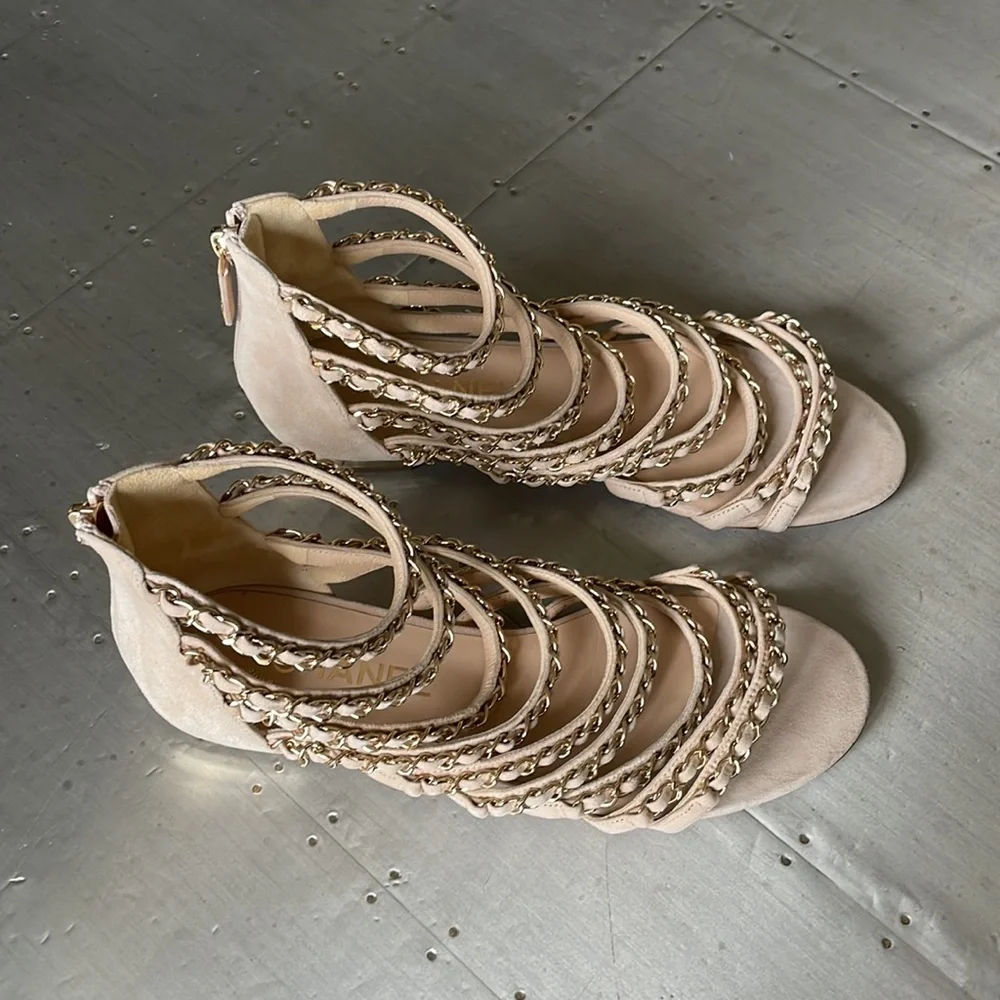 Chanel kid suede beige flat chain gold sandal RARE sz 38 $1750